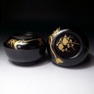 Ld12: Vintage Japanese Lacquered Wooden Covered Bowls,  Gold Makie,  Plum Tree