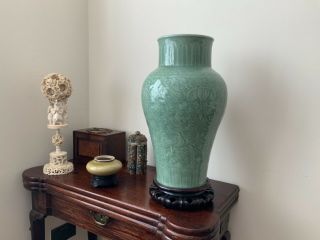 Extremely Fine Quality Large Chinese Antique Celadon Carved Baluster Vase