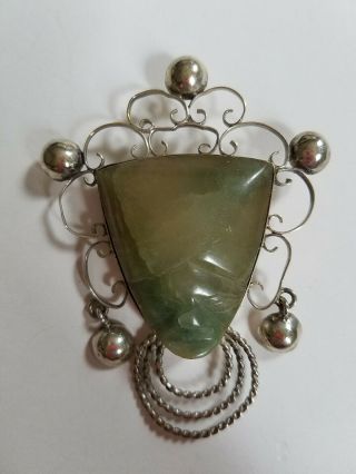 Vintage Sterling Silver Taxco Mexico Aztec Carved Green Stone Face Pin