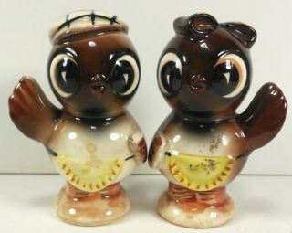 Vintage Anthropomorphic Brown Birds Ceramic Salt & Pepper Shakers Big Eyes