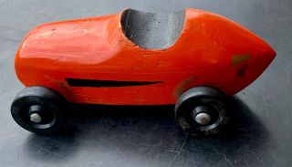 Vintage Hand Crafted 10” Long Orange Toy Wood Race Car