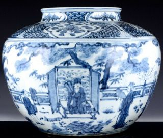 Large Chinese Blue White Figural Landscape Jar Vase Ming Dynasty Design