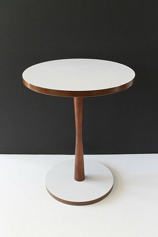 Danish Modern Round Pedestal Side Table Walnut And White Laminate Bold