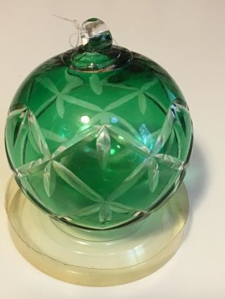 Vintage Cut Etched Green Crystal Glass Ball Christmas Ornament Kugel Style