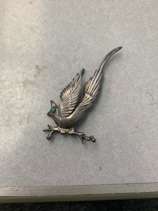 Vintage Sterling Silver Turquoise Bird Pin Brooch Made In Mexico Art Deco