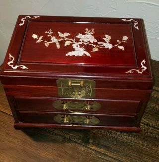 Vintage Asian Inlaid Wood Jewelry Box Gorgeous Carved Brass Detail Red Interior