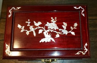 Vintage Asian Inlaid Wood Jewelry Box GORGEOUS Carved Brass Detail Red Interior 2