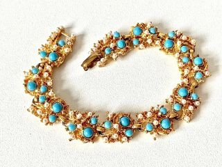 Vintage 60/70s Gold Plate Faux Turquoise & Pearl Statement Bracelet - 7.  5inch