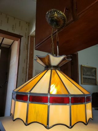 Vintage Stained Glass Tiffany Style Hanging Light Fixture Lamp Red & Amber Gold
