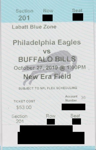 Buffalo Bills V Philadelphia Eagles Ticket Stub 10/27/2019 @ Era Field