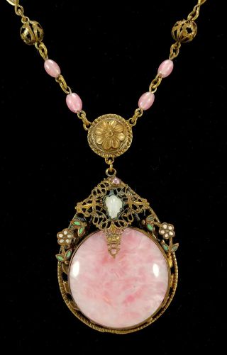 Vintage Czech Antique Art Deco Nouveau Pink Glass Filigree Pendant W/ Necklace