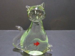 Vintage Art Glass Cat Paperweight - " Cat That Swallowed The Goldfish "