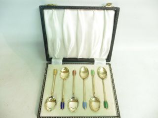 Set Of 6 Art Deco Solid Silver Gilt Enamel Coffee Spoons By William Suckling