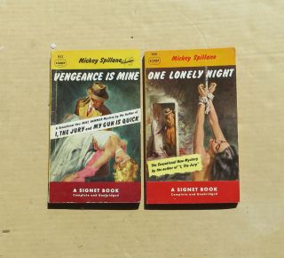 2 Vintage Paperback Books By Mickey Spillane,  One Lovely Night,  Vengeance Is Min