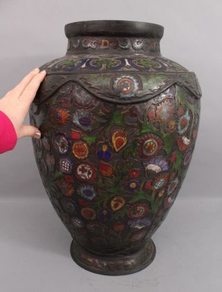 Large Antique 19thc Qing Chinese Bronze Floral Champleve Enamel Storage Jar Urn
