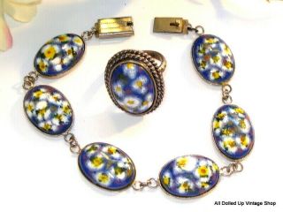 Vintage Set Bracelet Ring Porcelain Painted Blue White Yellow Flowers Silvertone