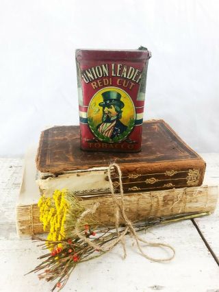 Union Leader Tobacco Tin Redi Cut Upright Vertical Pocket Can Uncle Sam 1910
