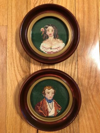 2 Vintage Needlepoint Pictures Colonial Man Woman Wooden Circular Frames