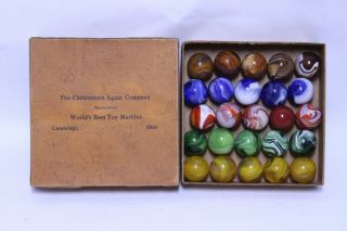 Fantastic Antique Christensen Agate Co 25 Count Marble Set No.  5 W/ Box