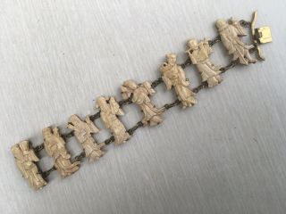 Antique Chinese Carved Bovine Bone 8 Immortals Panel Brass Backing 7” Bracelet