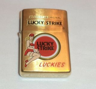 Brush Brass Zippo Lighter With Lucky Strike Logo And Pin - Up Girl In.