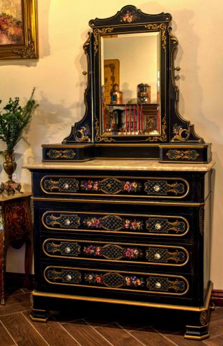 Stunning Napoleon Iii Black Vanity Dresser Hand Painted Glass Knobs Marble Top