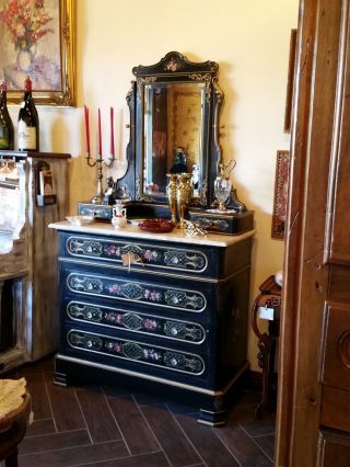 Stunning Napoleon III Black Vanity Dresser Hand Painted Glass Knobs Marble Top 2
