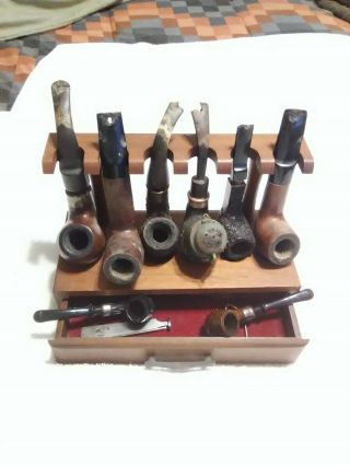 Vintage Wally Frank Ltd Ships Wheel Pipe Stand W/6 Estate Tobacco Pipes