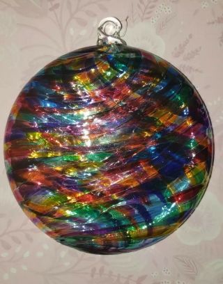 Vintage Large Multi Color Hand Blown Art Glass Ornament 4 - 1/2 " Diameter No Flaws
