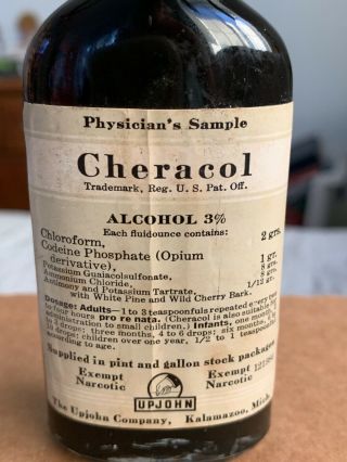 Vintage Apothecary Bottle,  Cheracol The Upjohn Company Physicians Sample