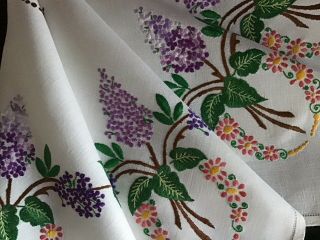 Vintage Linen Hand Embroidered Tablecloth Lilac Blossoms