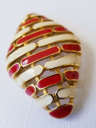 Vintage Brooch Pin Signed " Craft " Enam Red And Cream Gold Lining Abstract Design