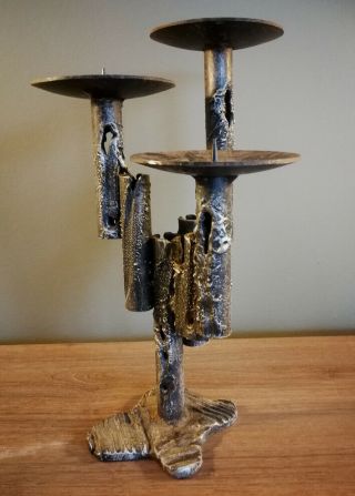 Vintage Mid Century Brutalist Abstract Metal Sculpture Candle Holder Curtis Era