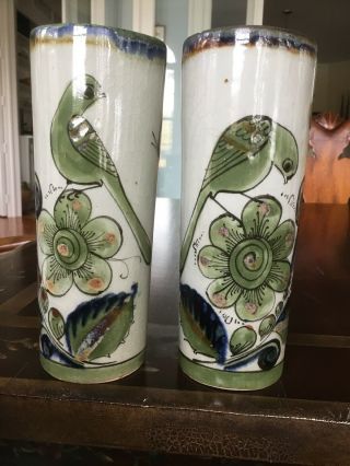 2 Vtg El Palomar Pottery Bird Vases,  Tonala Mexico By Ken Edwards Green/blue