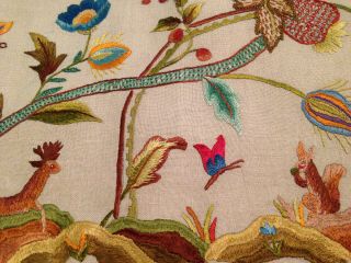 Vintage Hand Embroidered Picture Panel Jacobean Flowers Deer & Squirrel