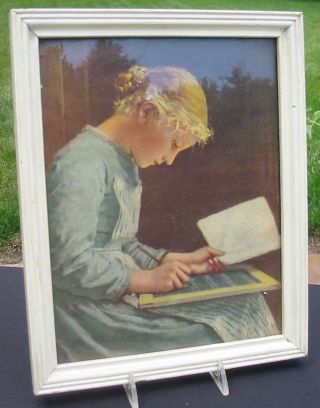 Vtg Old Wood Glass Framed Art Print Early School Girl Homework Writing Antique