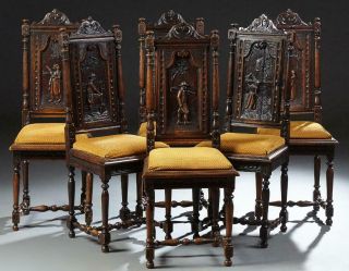 Set Of Six Gorgeous French Breton Carved Oak Dining Chairs,  19th C.  (1800 