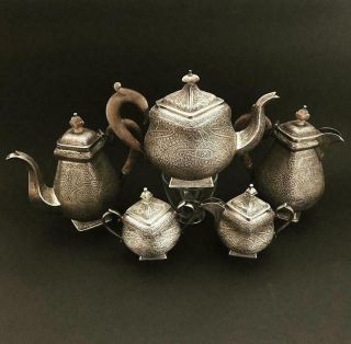 Extremely Fine Rare Antique 5 Part Indian Solid Silver Tea Set Kashmir 2kg C1880