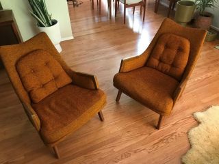 Rare Mid Century Adrian Pearsall Lounge Chairs in Orange Tweed Fabric 2