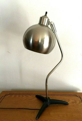 Vintage Mid Century Atomic Chrome Desk Table Lamp Orb Shade Black Tri - Pod Base
