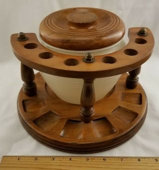 Vintage Walnut 6 Pipe Rack Display Stand With Frosted Glass Jar W/ Wooden Lid