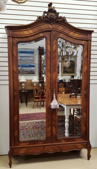 Antique French Walnut Louis Xv Armoire 2 Doors Beveled Mirrors H - 95 " W - 53.  5 "