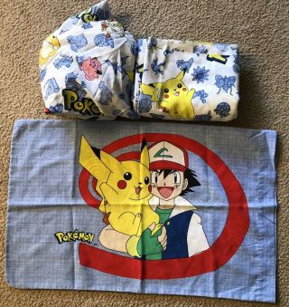 Vintage Pokemon Twin Sheet Set Flat Fitted Case Pikachu Material Fabric 1998 Ash