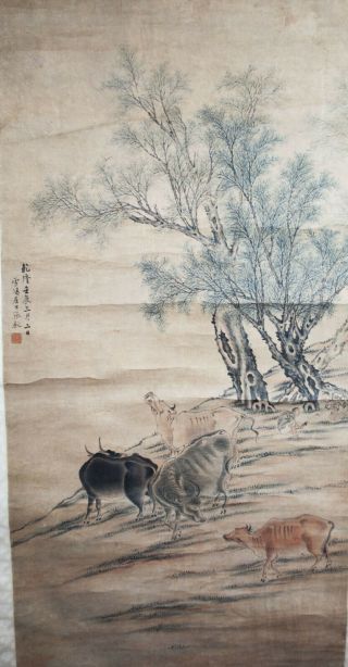 Antique Chinese Hanging Scroll Painting Watercolor - Cows,  Farmers 19th Century