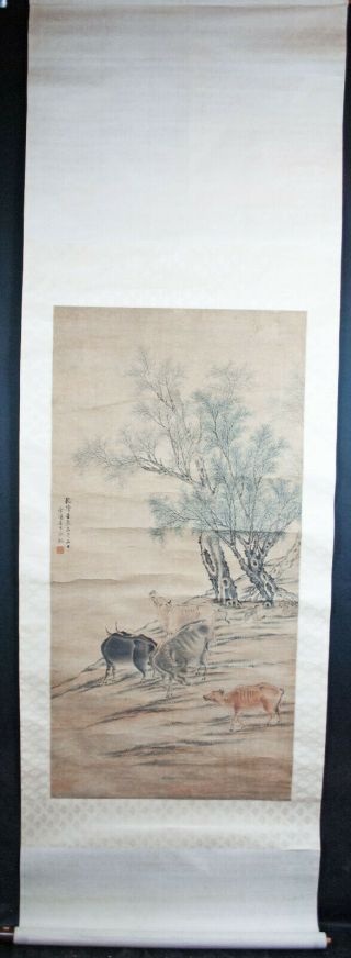 Antique Chinese Hanging Scroll Painting Watercolor - Cows,  Farmers 19th Century 2