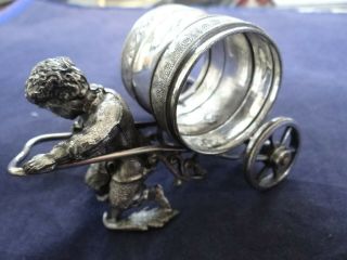 Very Fine Rare Antique Figural Silver Plate Napkin Ring Boy With Wheelbarrow