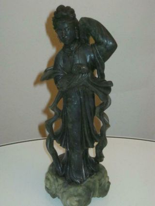 Stunning Large Antique Chinese Green Soapstone Guanyin With Rabbit Figure