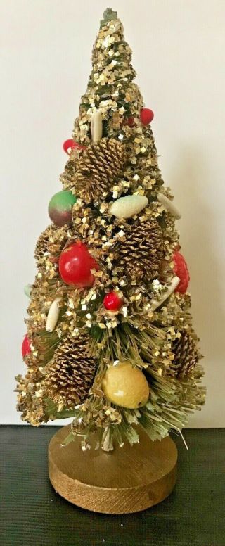 Antique Vintage 8 1/2” Gold Flecked Bottle Brush Tree With Fruit Pine Cones