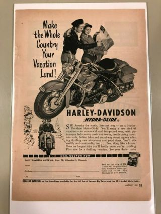 Vintage 1951 Harley Davidson Ad Hydra Glide Motorcycle Big Twins Usa