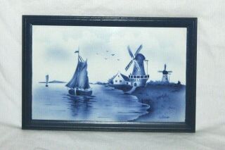 Vintage Framed Delft Tile Wall Handling Traditional Blue & White Windmill Ship